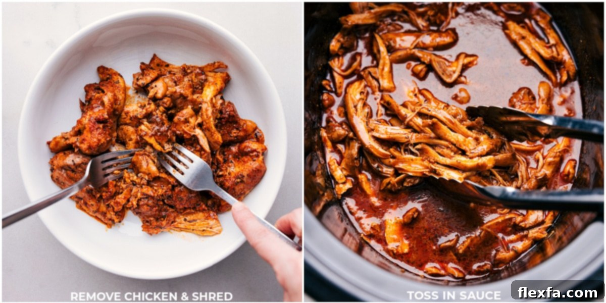 Shredding and Tossing Chicken Images showing the cooked chicken meat being shredded with forks and tossed in the flavorful sauce within the slow cooker.