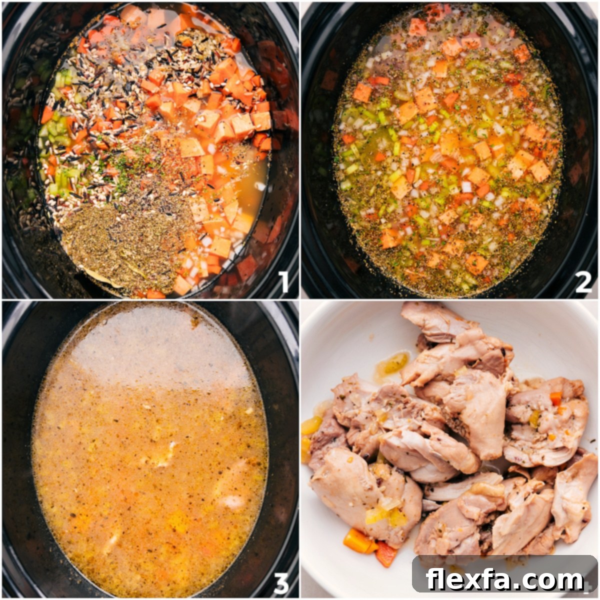 All the raw ingredients for Crockpot Chicken Wild Rice Soup, including chicken thighs, wild rice, and chopped vegetables, are placed into the slow cooker, ready for the cooking process.