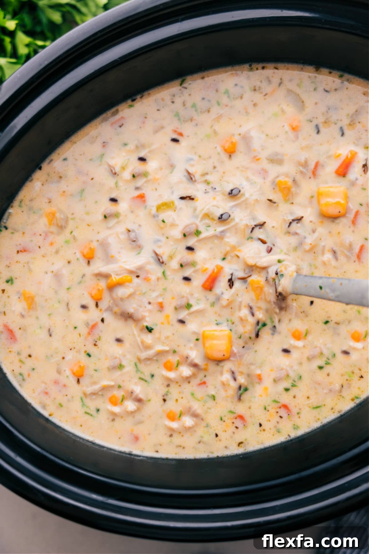 A beautifully presented bowl of creamy Crockpot Chicken Wild Rice Soup, garnished with fresh herbs, symbolizing a delicious and comforting meal ready to be served.