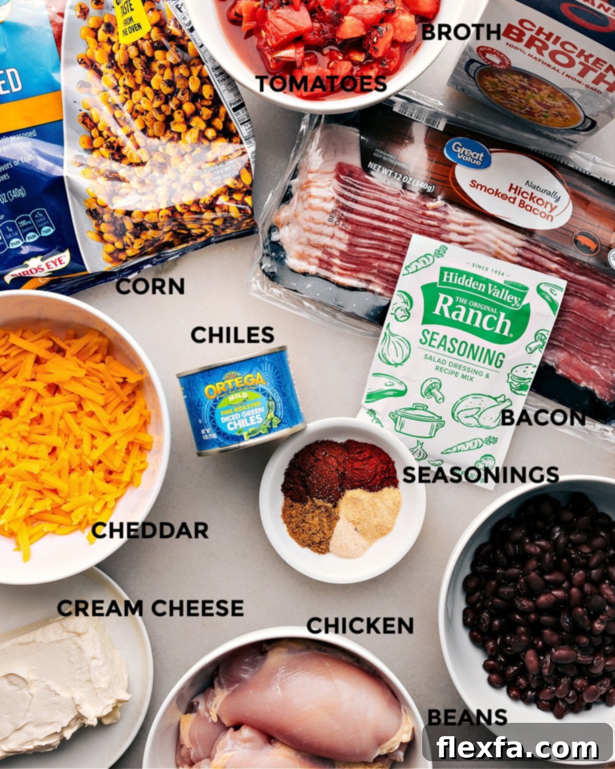 Crockpot Crack Chicken Chili All the fresh ingredients laid out on a kitchen counter, prepped and ready for making Crack Chicken Chili.