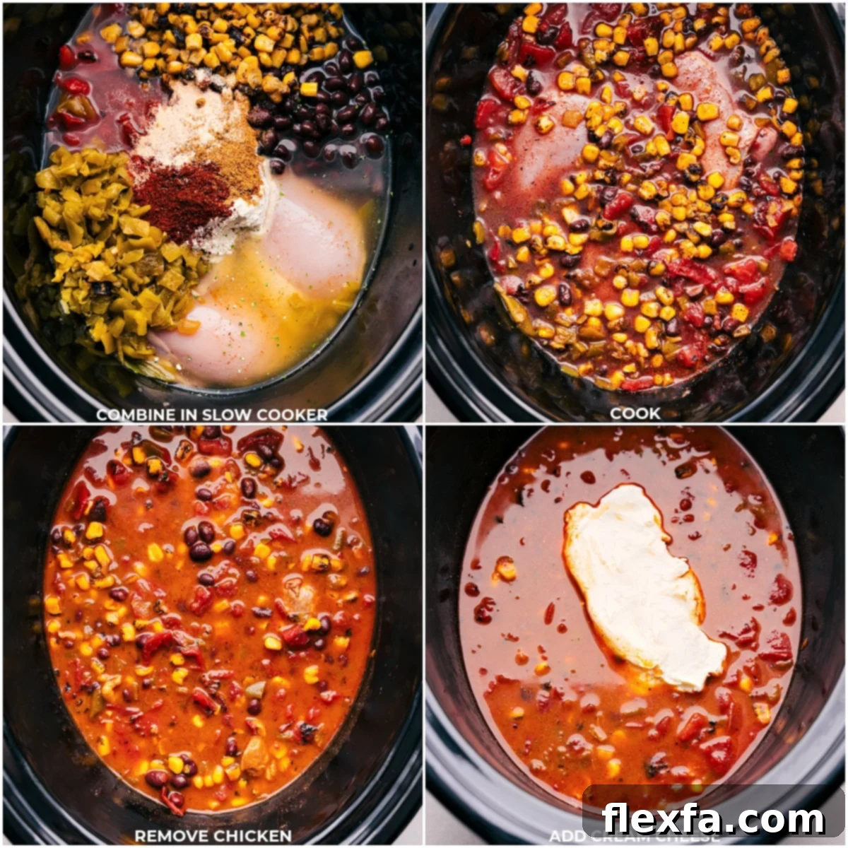Our Favorite Crack Chicken Chili All the ingredients being added to the slow cooker, ready to be cooked into a delicious crack chicken chili.