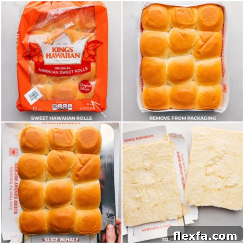 Illustration of how to slice a slab of Hawaiian rolls horizontally without separating them.