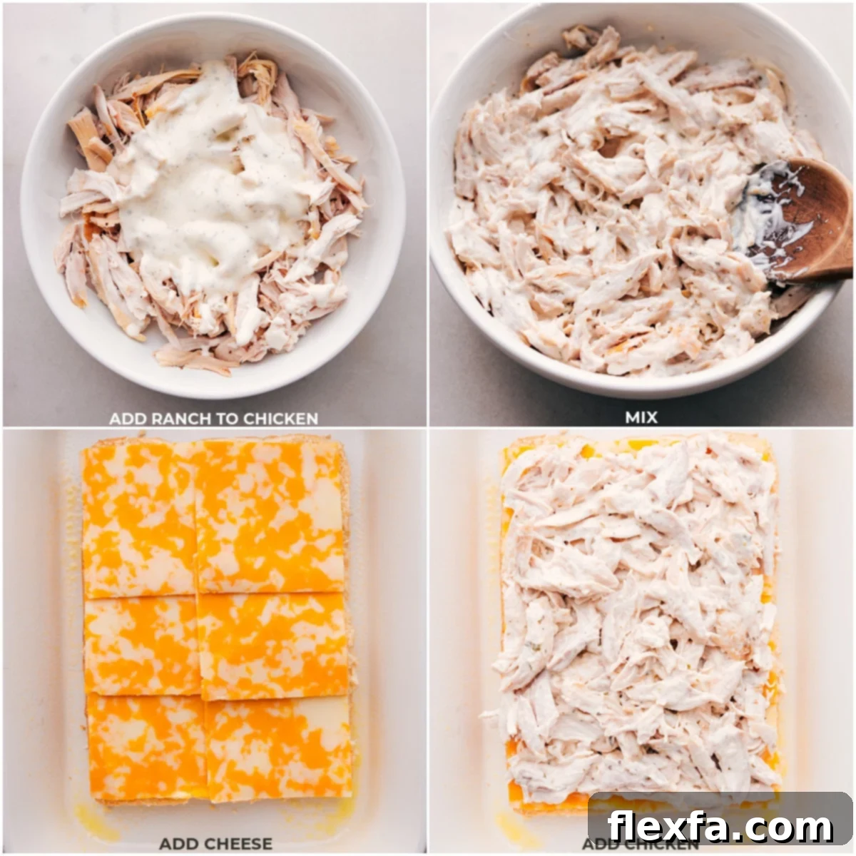 Ranch dressing being added to shredded chicken and mixed, followed by layers of cheese, chicken mixture, and bacon being carefully placed onto Hawaiian rolls for slider assembly.