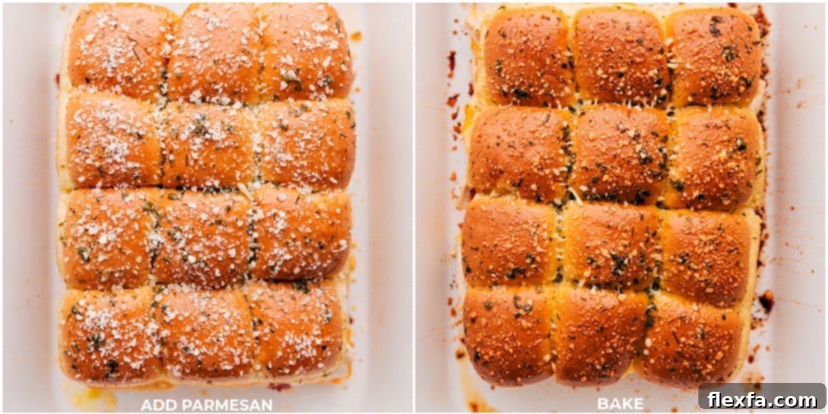 Grated Parmesan cheese sprinkled over the top of freshly baked Chicken Bacon Ranch Sliders, ready to serve.