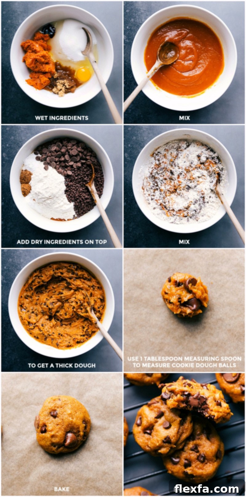 Detailed process of preparing soft pumpkin cookie dough: measuring and mixing wet ingredients, adding dry ingredients, stirring everything together, and preparing for baking.