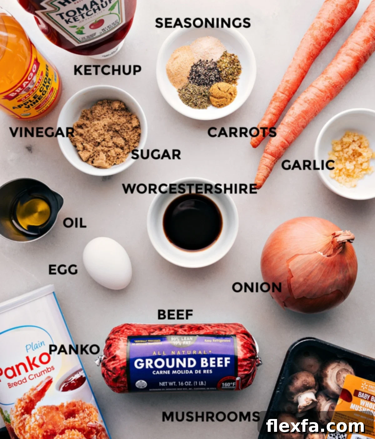 The Best Mini Meatloaf Recipe Ingredients Ready to Go A vibrant display of all the fresh ingredients for the mini meatloaf recipe, meticulously prepped and arranged for effortless assembly.