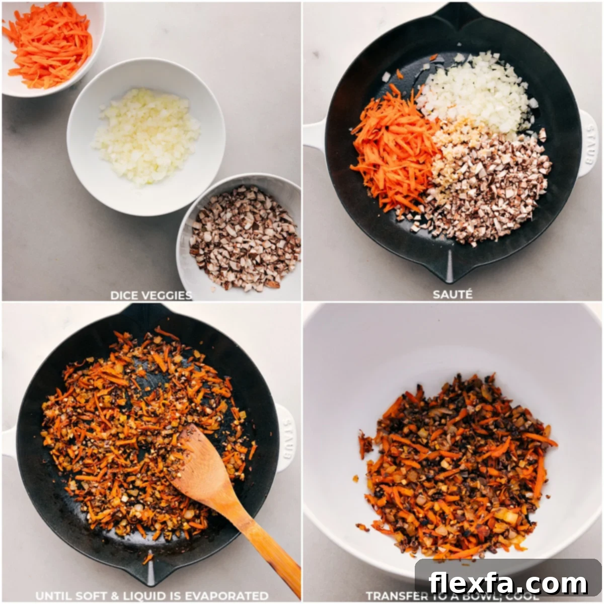 Sautéing Vegetables for Mini Meatloaves Finely chopped onions, carrots, and mushrooms being sautéed in olive oil in a large pan until tender, then transferred to a bowl to cool, preparing for the meatloaf mixture.