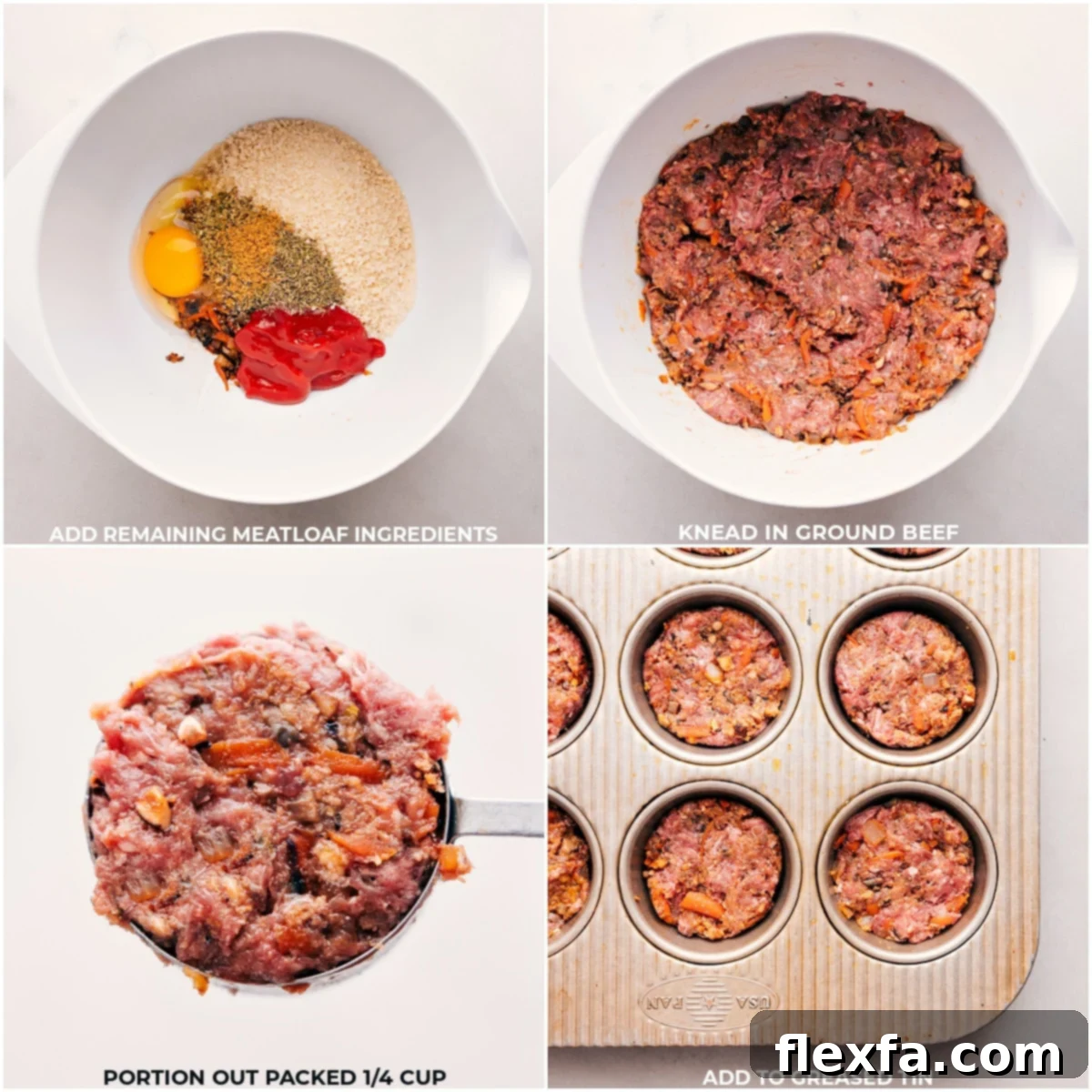Our Favorite Mini Meatloaf Recipe Prep Steps The process of making mini meatloaves: all ingredients combined in a bowl, gently mixed, and then portioned into a greased muffin tin, ready for baking.