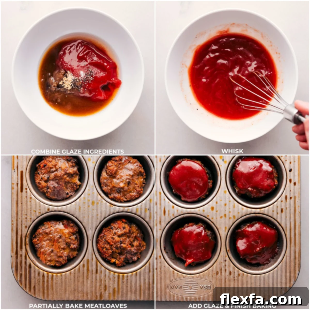 We Love This Glazed Mini Meatloaf The rich, tangy glaze being meticulously mixed and then generously drizzled over the partially baked mini meatloaves, which are then returned to the oven to finish baking and caramelize.