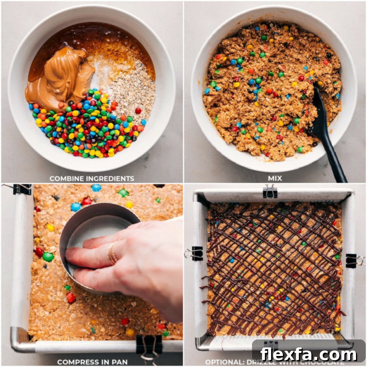 The process of making energy bars: ingredients being combined in a bowl, the mixture pressed into a pan, and a final chocolate drizzle.
