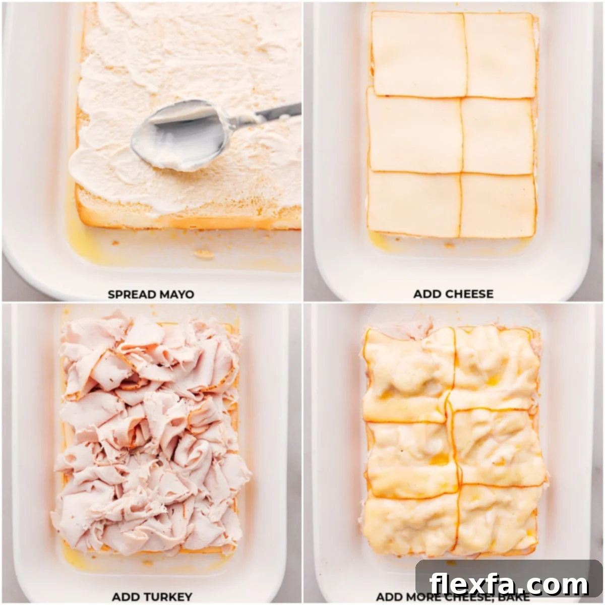 Spreading mayo, layering cheese, and adding turkey to the Hawaiian rolls for sliders.
