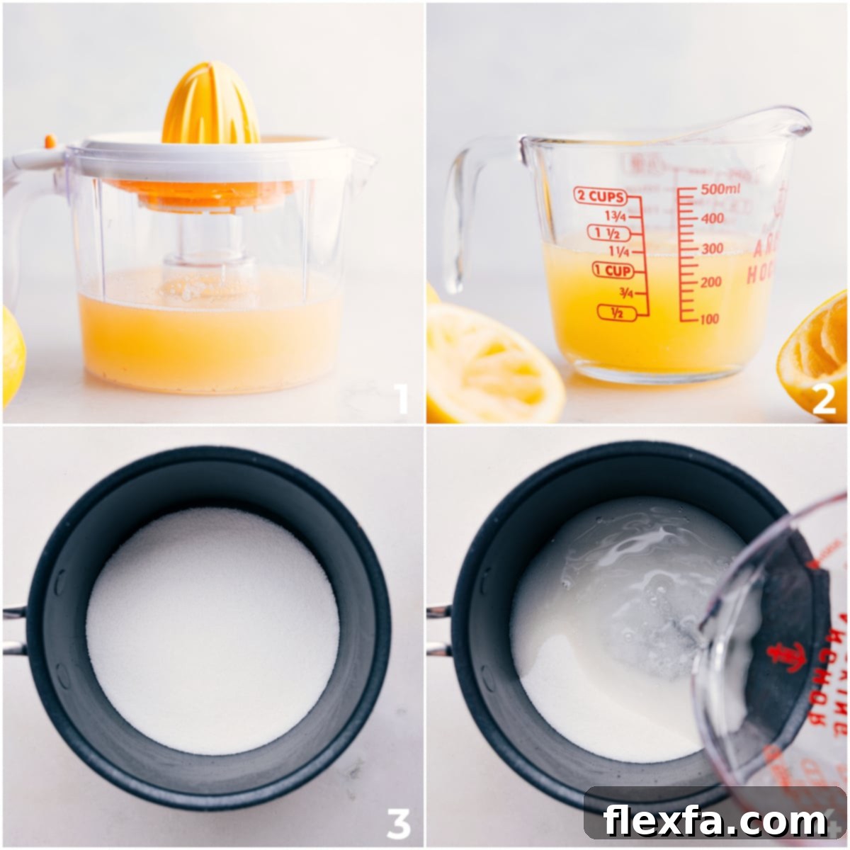 The process of juicing fresh lemons and preparing simple syrup for homemade lemonade.
