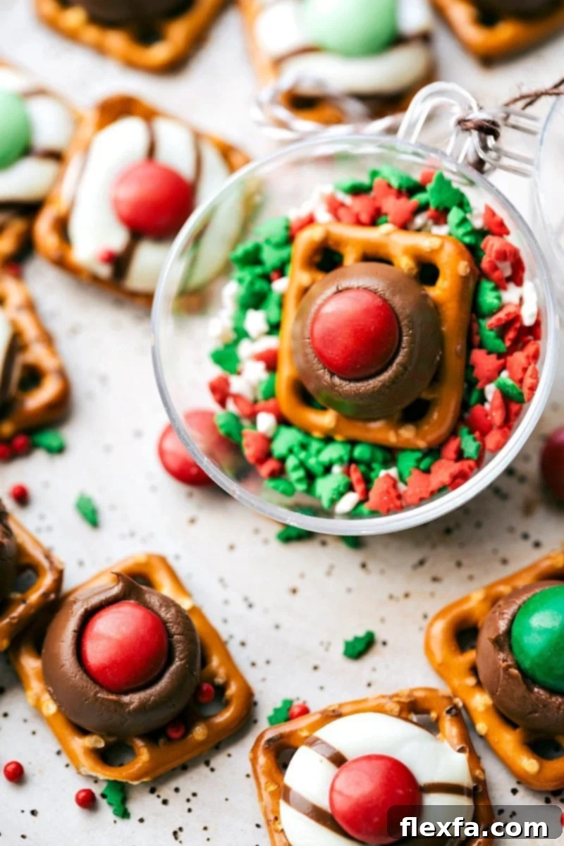 Rudolph Noses Christmas Candies made with pretzels, chocolate, and M&M's.