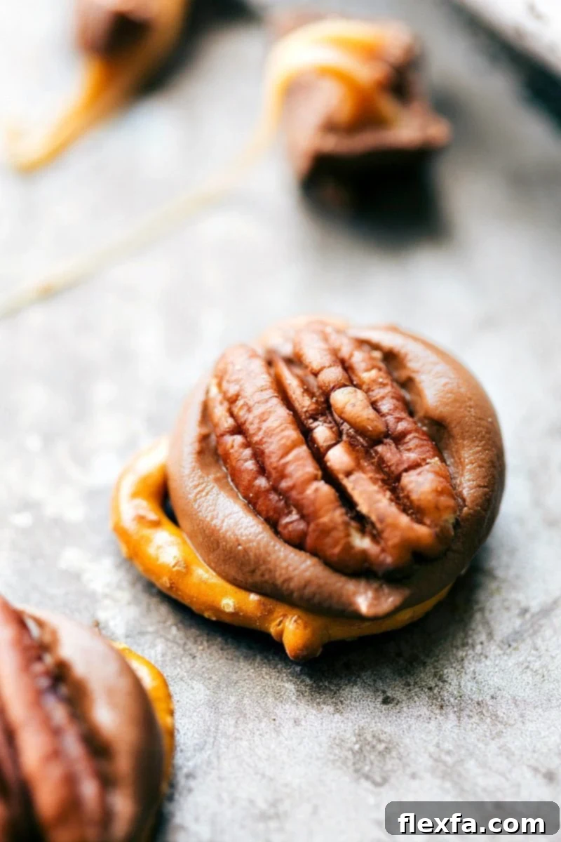 Easy 3-ingredient Turtle Christmas Candies with pretzels, Rolos, and pecans.