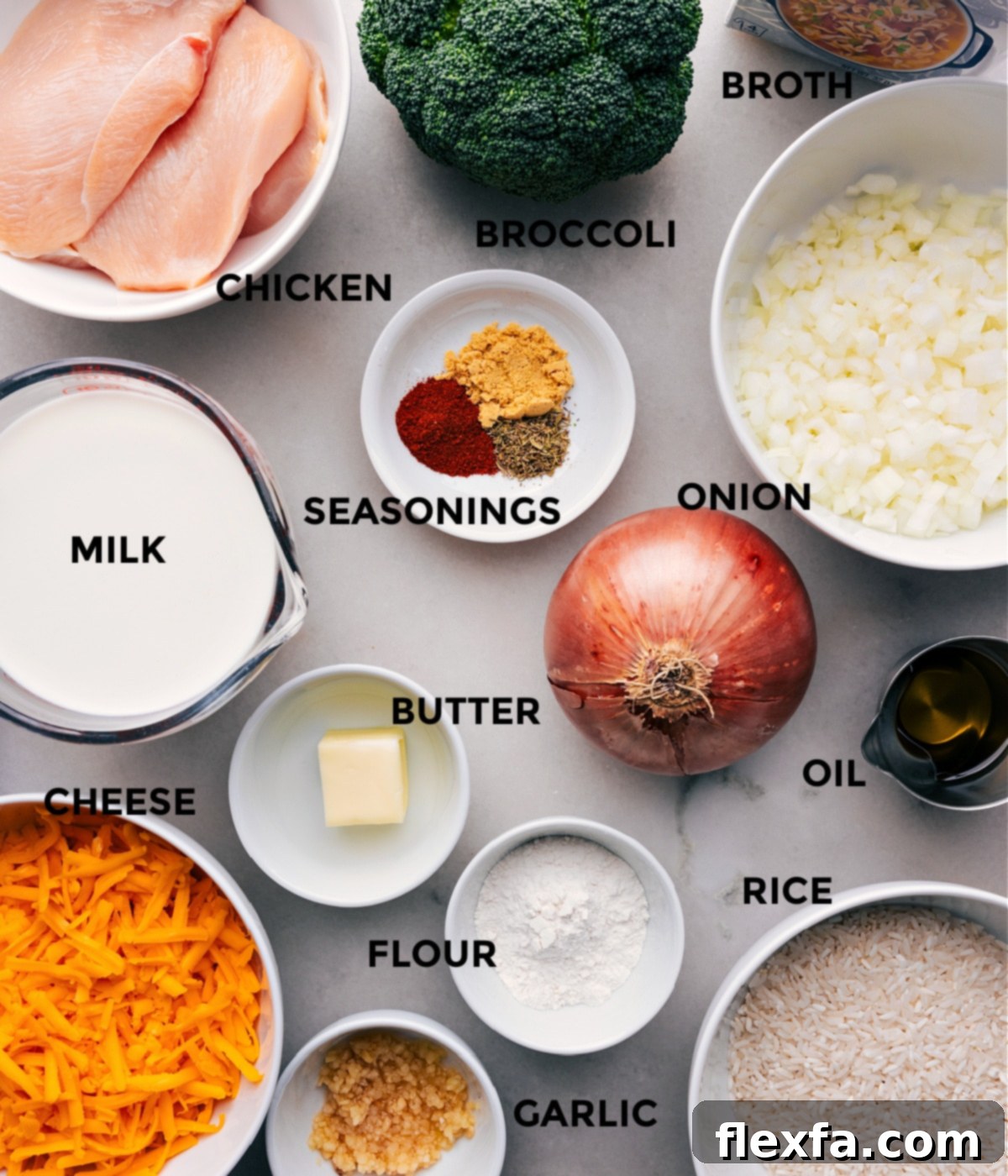 All the fresh ingredients for homemade Chicken Broccoli Rice Casserole laid out on a board for easy assembly.