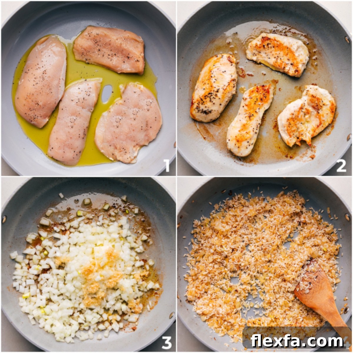 Searing chicken, then sautéing onions, garlic, and rice in the same skillet for Creamy Chicken Broccoli Rice Casserole.
