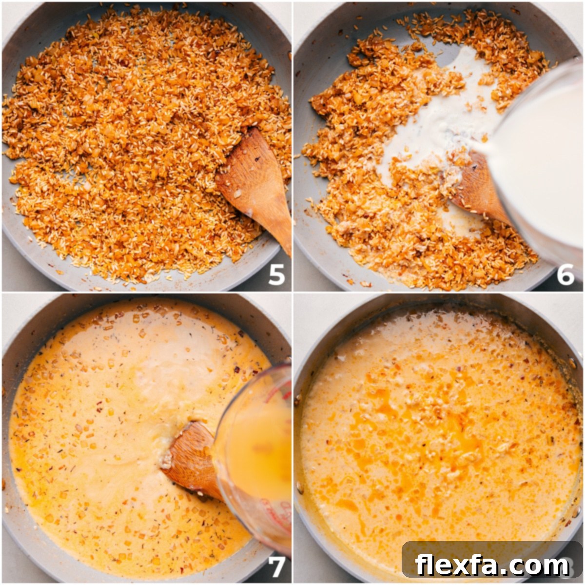 Adding milk and broth to the skillet to simmer with the rice for the best Creamy Chicken Broccoli Rice Casserole recipe.