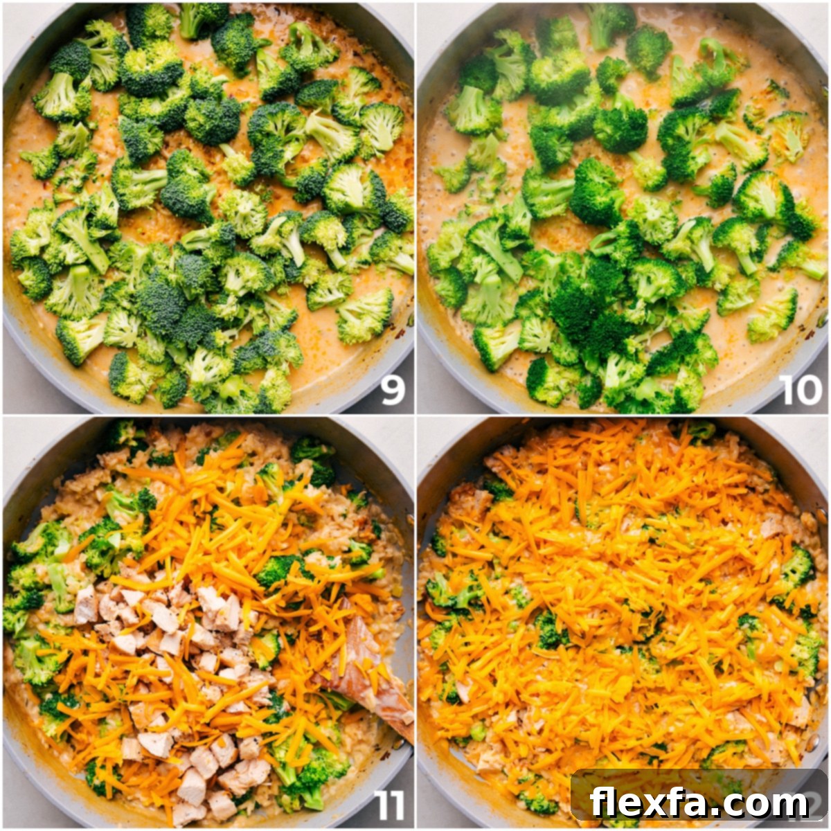 Broccoli, cheese, and cooked chicken being folded into the creamy rice in the skillet for this delicious Chicken Broccoli Rice Casserole.