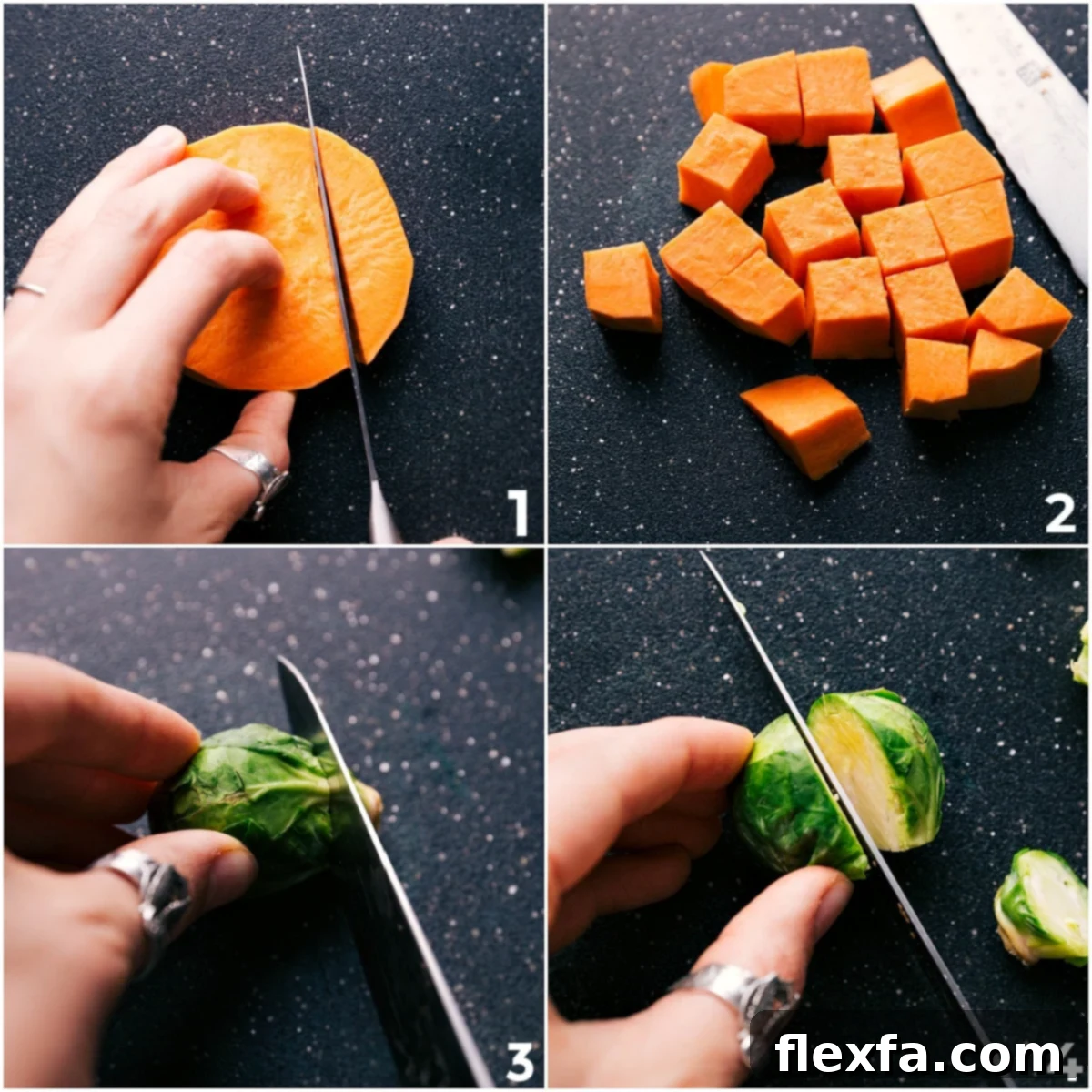 Hands expertly chopping vibrant orange sweet potatoes and green Brussels sprouts on a rustic wooden cutting board, meticulously preparing them for the Harvest Vegetables and Sausage recipe.