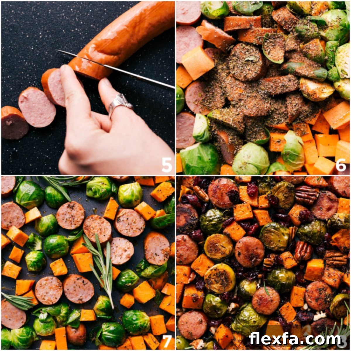 A close-up view of expertly sliced sausage, precisely diced sweet potatoes, and perfectly halved Brussels sprouts, spread out in a single, even layer on a large sheet pan. They are generously seasoned and ready to be roasted to golden perfection for a comforting fall feast.