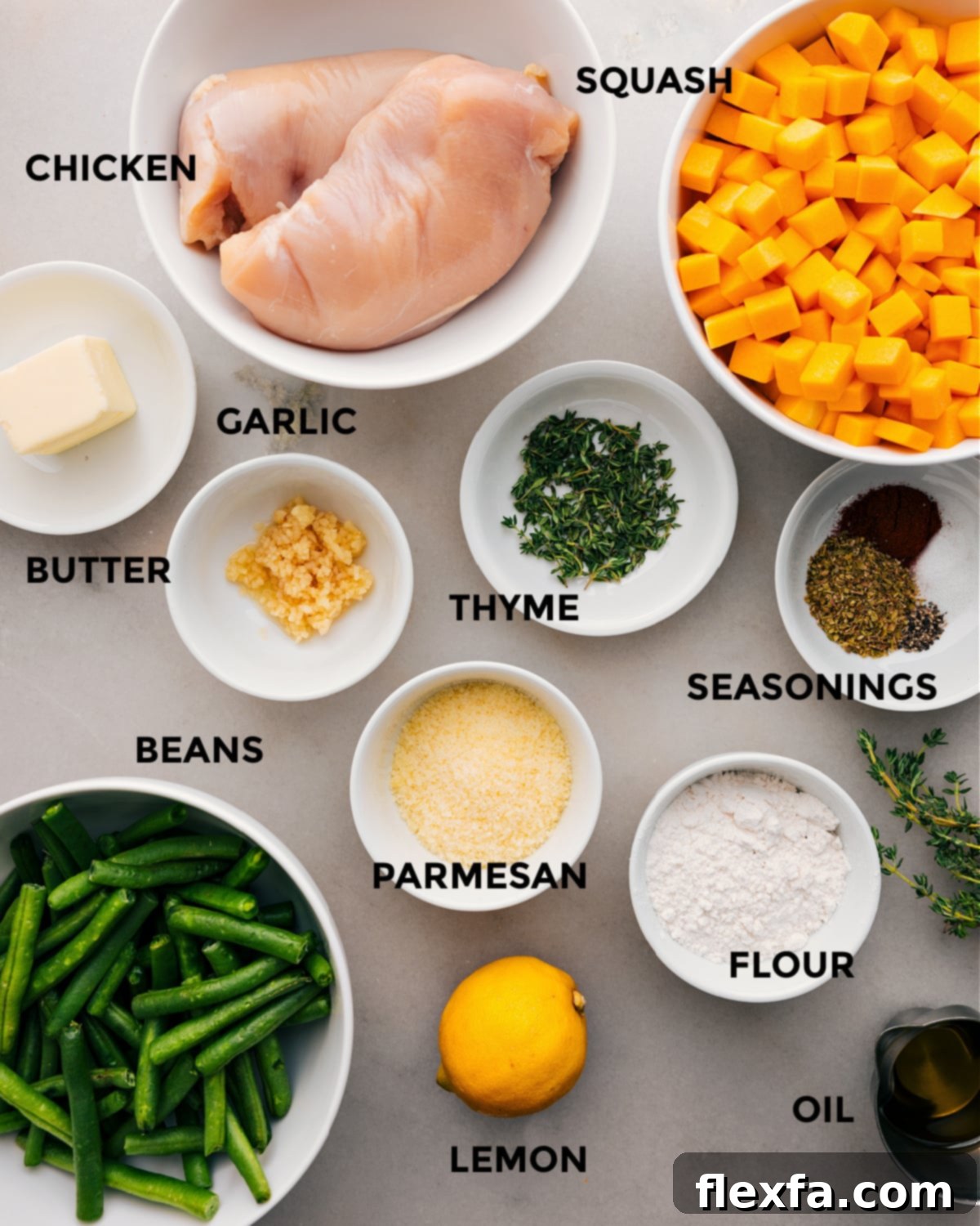 All the fresh ingredients for Chicken and Butternut Squash prepped and ready for cooking, including chicken breasts, diced butternut squash, fresh green beans, garlic, herbs, and spices.