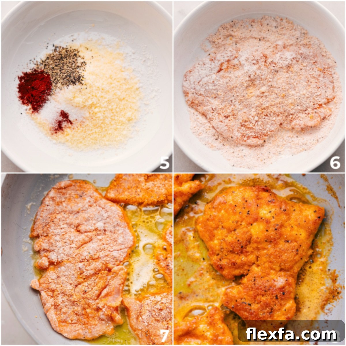 Frying the Parmesan-coated chicken in a hot skillet until golden brown and crispy.