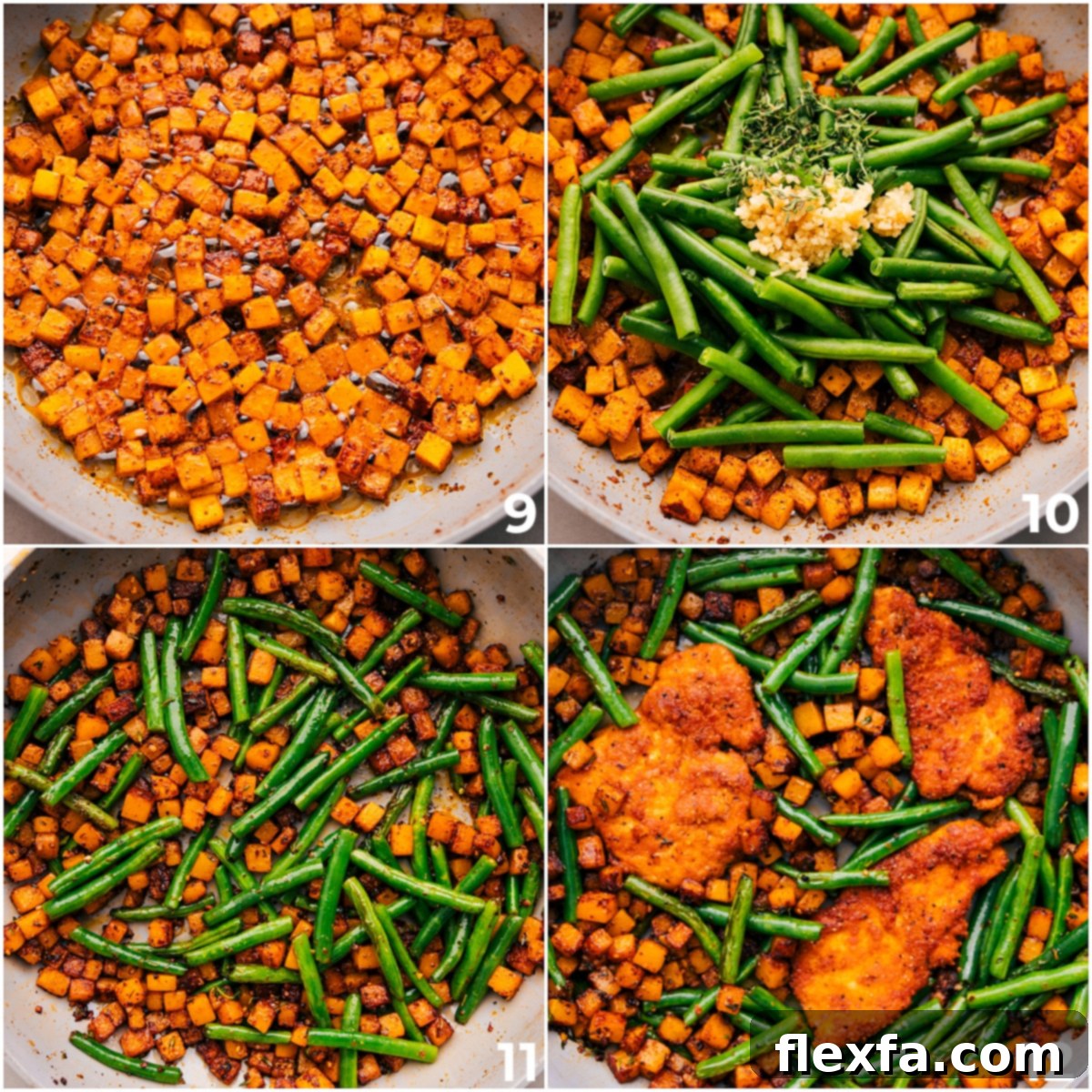 The cooked butternut squash, green beans, garlic, and fresh herbs combined in the skillet, with the crispy chicken added back on top.
