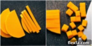 Close-up of perfectly diced butternut squash, demonstrating the recommended size for even cooking.