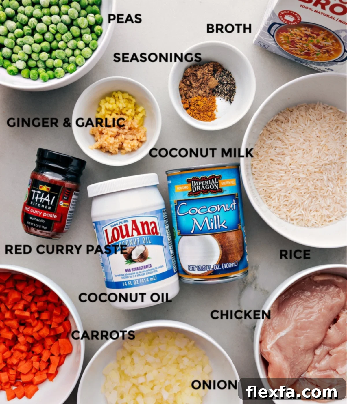 Key Ingredients for One Pot Curry Chicken and Rice Ingredients prepped out for easy assembly.