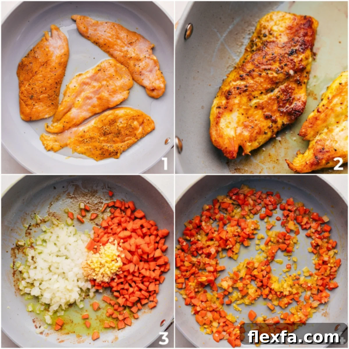 The Best One Pot Curry Chicken and Rice Cooking Process The chicken being cooked and then the veggies being sautéed for this One Pot Curry Chicken and Rice.