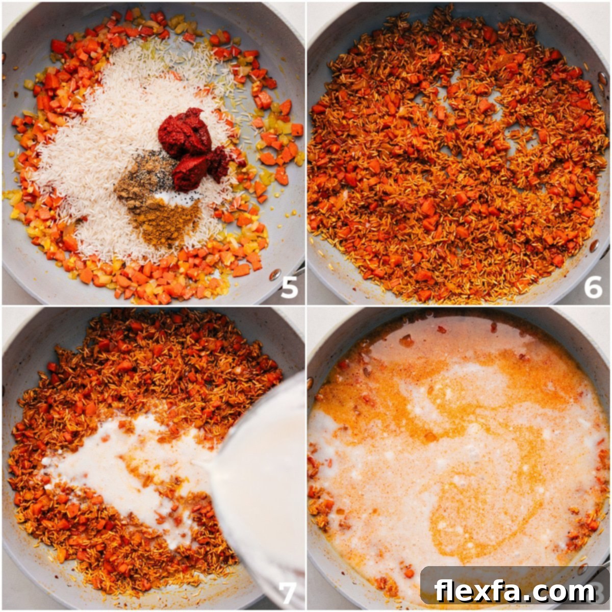Easy Chicken And Rice Curry Assembly Rice, seasonings, coconut milk, and curry paste being added to the pot.