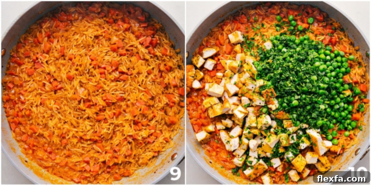 Best Ever Curry Chicken and Rice Finishing Touches The chicken, herbs, and frozen peas being added to the pot.