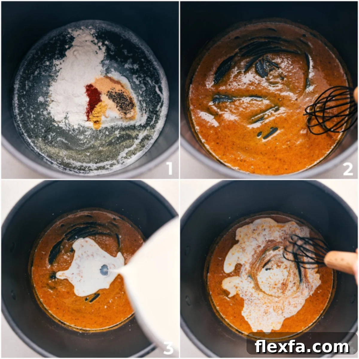 The creamy white sauce being continuously whisked in a pot, forming a smooth and consistent base for the one-pot mac and cheese.