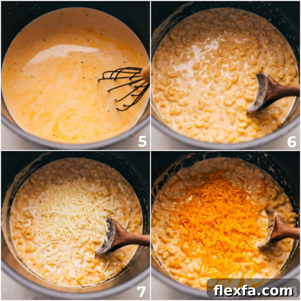 Uncooked elbow macaroni being added to the simmering cream sauce, followed by a hand stirring in generous amounts of freshly shredded cheddar cheese into the pot.