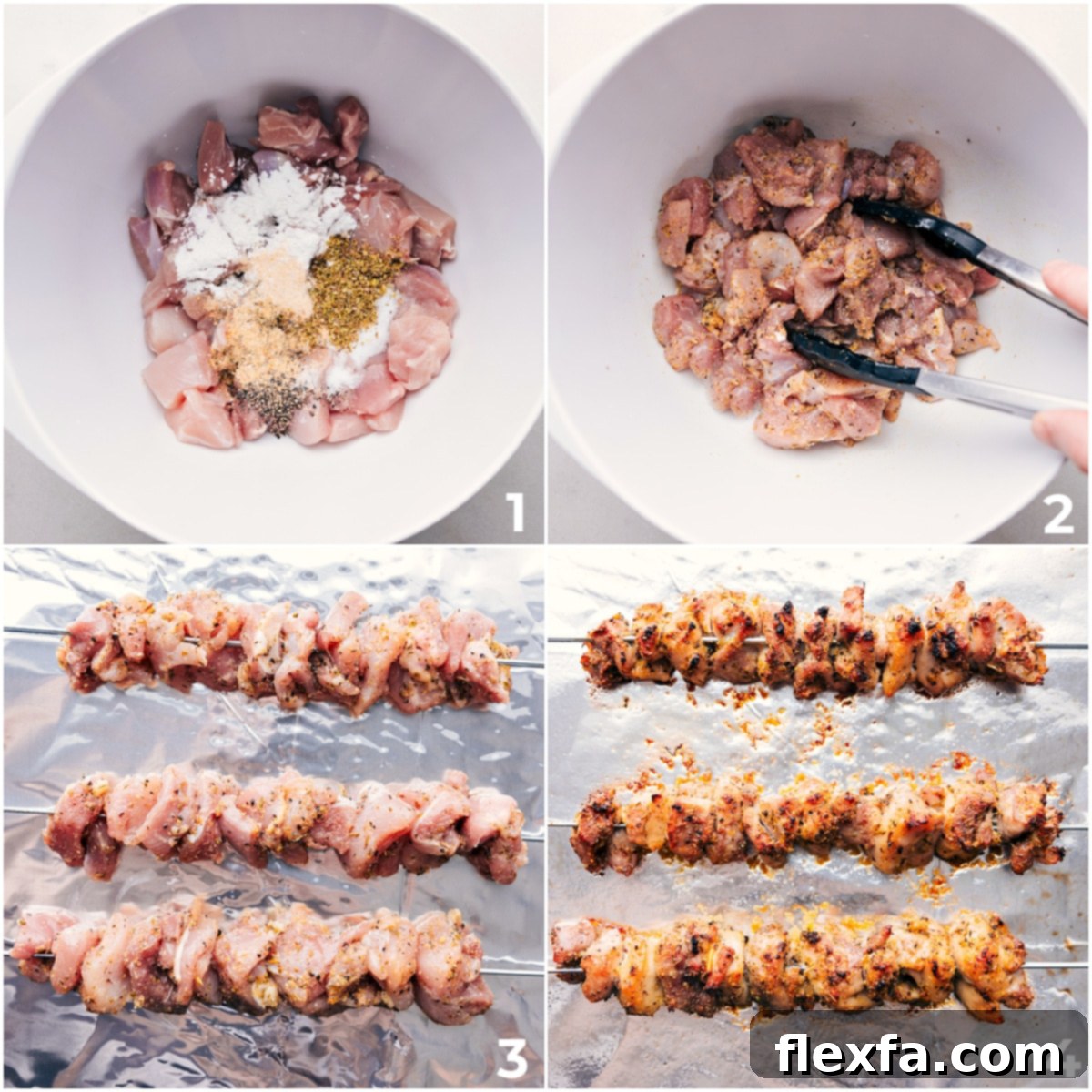 Step-by-Step Guide to Making Greek Chicken Bowls Chicken pieces being tossed with seasonings and then placed on a baking sheet, ready for the oven, demonstrating the simple preparation process.