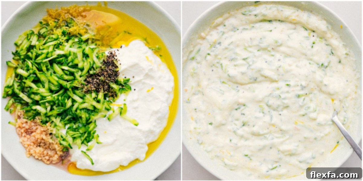 Homemade Tzatziki: The Perfect Companion for Greek Chicken Bowls Creamy Tzatziki sauce being prepared and mixed in a bowl, highlighting its fresh ingredients and smooth texture.