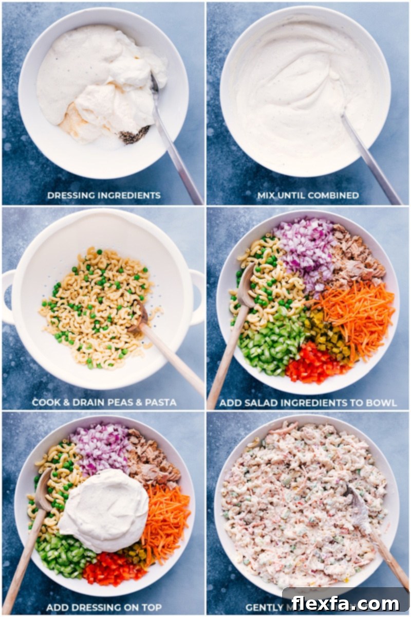 This Tuna Macaroni Salad made with tender elbow macaroni noodles, olive-oil packed tuna, lots of veggies, and a creamy dressing with a "secret ingredient" will blow you away with the flavor! Detailed process shots showing ingredients for Tuna Macaroni Salad being combined, from fresh vegetables to the creamy dressing.