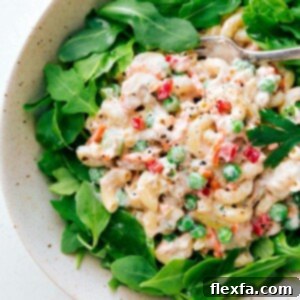 Close-up of a serving of Creamy Tuna Macaroni Salad in a bowl.