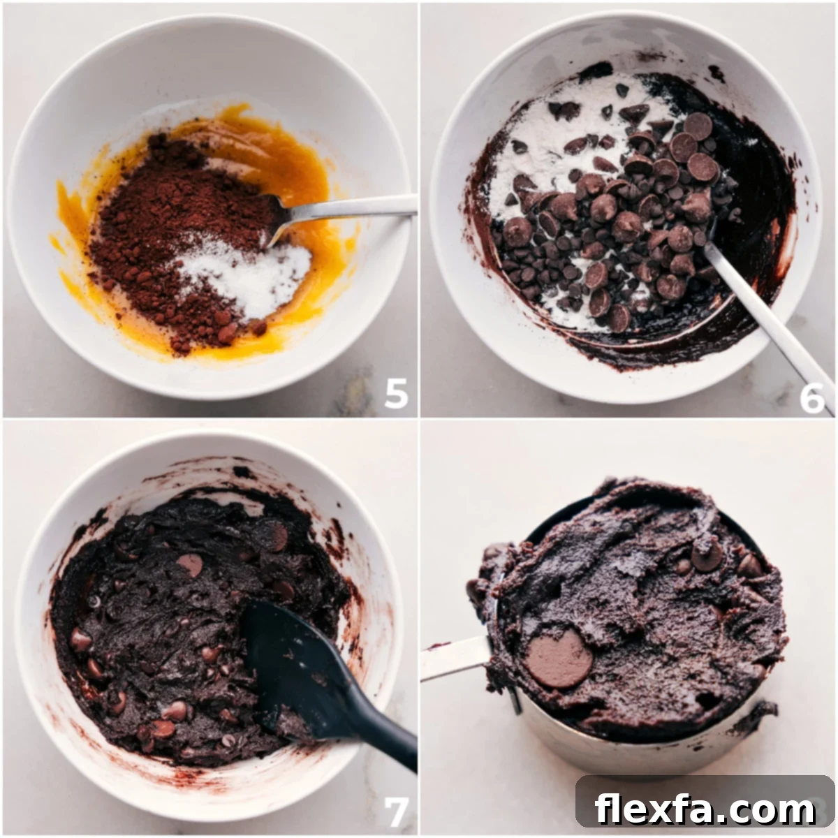 The process of combining dry ingredients (flour, cocoa powder) with the wet mixture, followed by mixing the dough, and finally scooping it into a measuring cup to show its consistency before baking, illustrating the key steps in making double chocolate chip cookies.