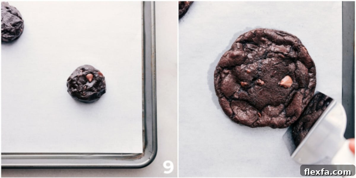 A single, perfectly baked double chocolate chip cookie cooling on a sheet pan lined with parchment paper, fresh out of the oven and ready to be enjoyed.