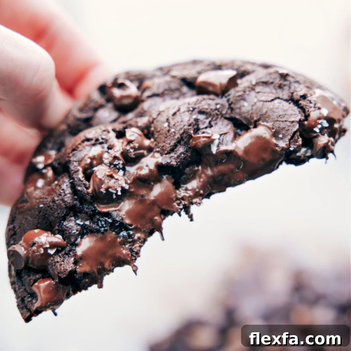Half of a single serve double chocolate chip cookie held up, showcasing its perfectly gooey and molten chocolate center, highlighting the rich, soft texture.