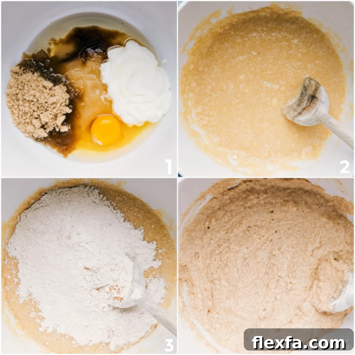 Various healthy ingredients for applesauce muffins laid out on a kitchen counter.