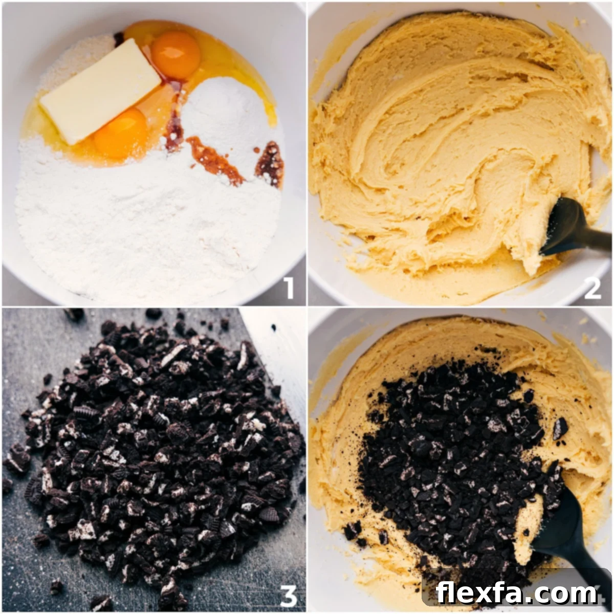 The whoopie pie dough being prepared in a mixer, with finely chopped Oreos being added and gently folded in, ready for baking.
