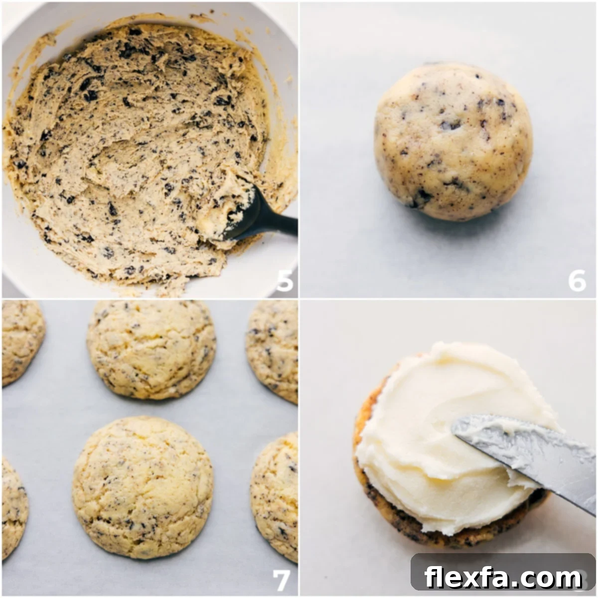 A visual guide showing the process of making Oreo Whoopie Pies: rolling out the dough, baking the individual cookies, and spreading creamy frosting between two cooled cookies.