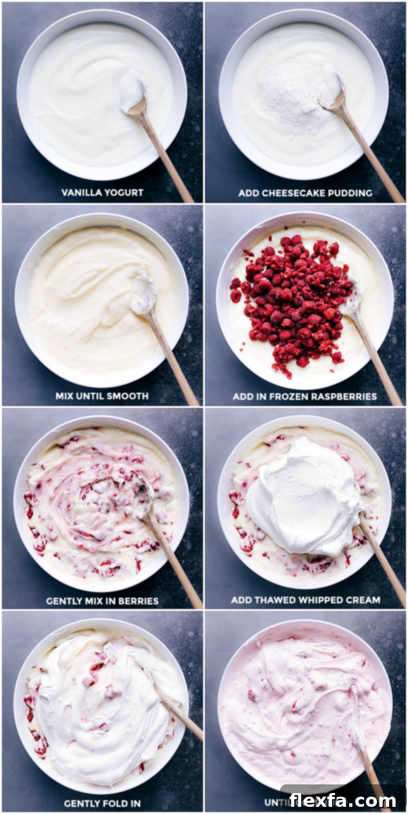 Step-by-step process of making Raspberry Fluff: whisking yogurt and pudding, then folding in raspberries and whipped topping.