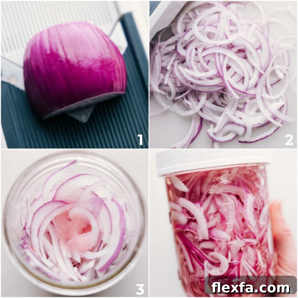 Thinly sliced red onions being placed into a glass jar, with the pickling brine ingredients poured over them, demonstrating the easy assembly process.