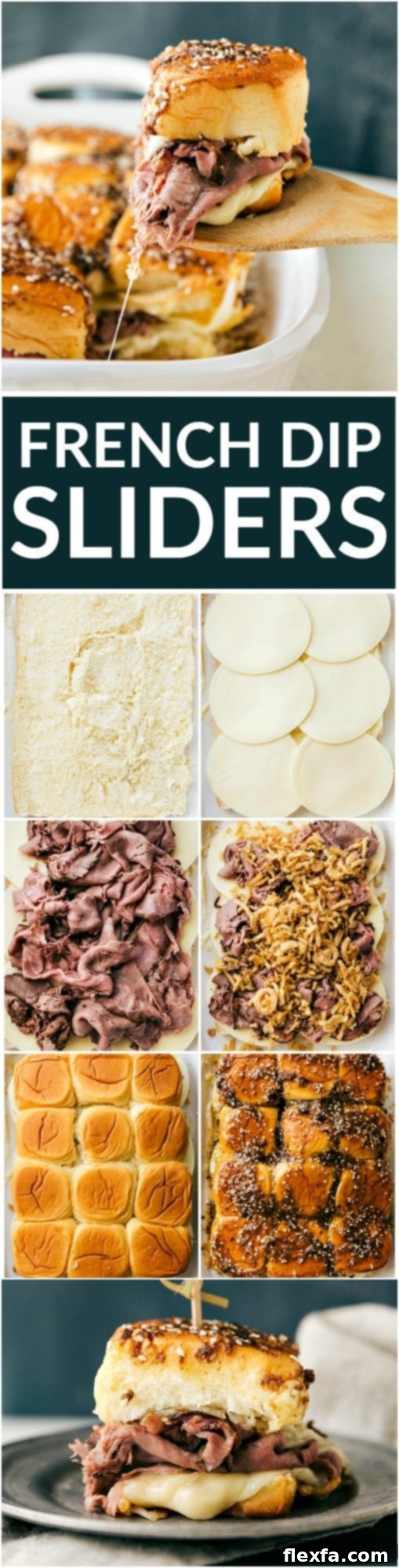 A perfectly baked French Dip Sliders sandwich, golden brown and glistening with a savory buttery topping, ready to be served from a baking dish.