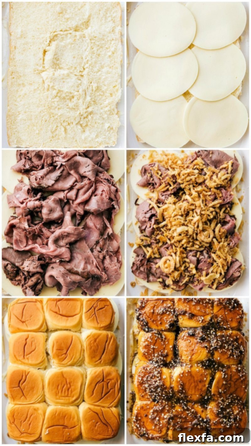 Layers of provolone cheese, thinly sliced roast beef, and crispy onions being neatly arranged on Hawaiian rolls in a baking dish, topped with another layer of rolls and butter.