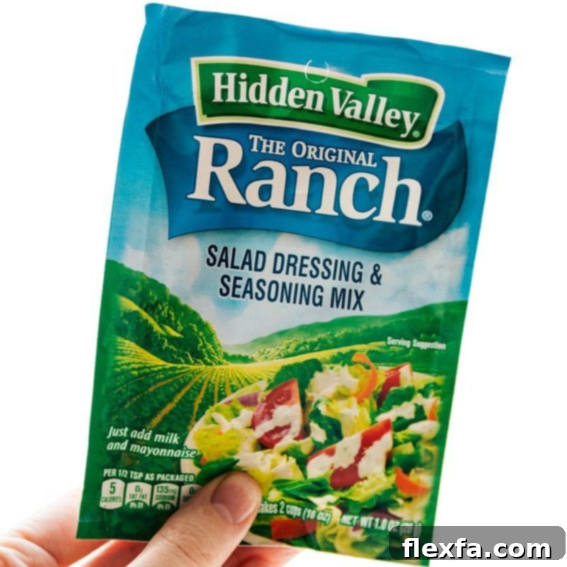 The ranch salad dressing and seasoning mix used in the recipe.
