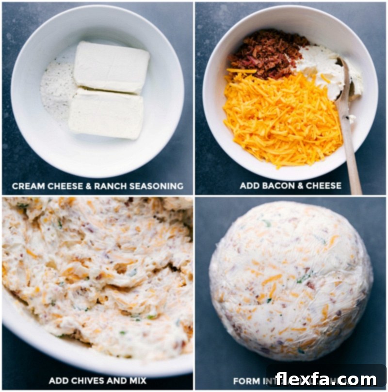 Mixing cream cheese and ranch seasoning together, adding bacon, cheese, and chives, mixing them together, forming the mixture into a ball, and wrapping it in plastic to chill, one of the final steps in the cheese ball recipe.